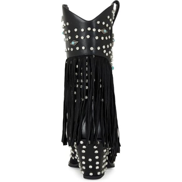 Fringe Rhinestone Embellishments Mid Calf Cowgirl Boots Turquoise Flower - Picture 3 of 6